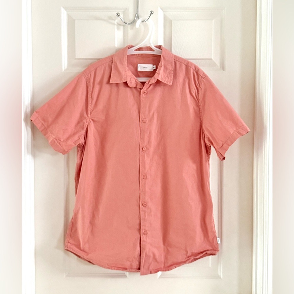 Onia Mens Short‎ Sleeve Button Down Shirt Salmon Pink Coral Cotton Size Medium
